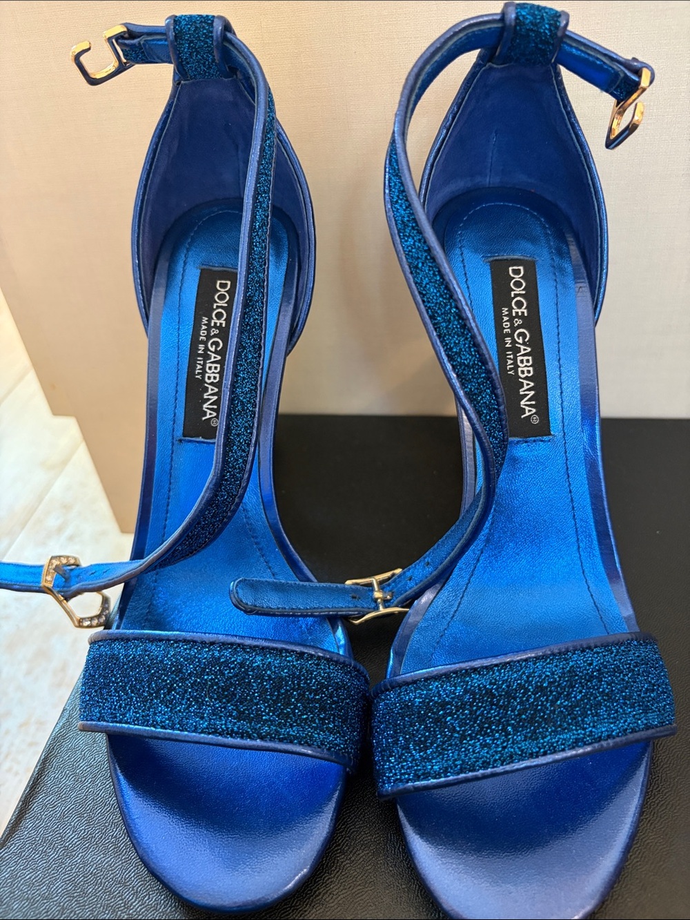 DG Electric Blue Satin Heeled Sandals with Glitter Straps